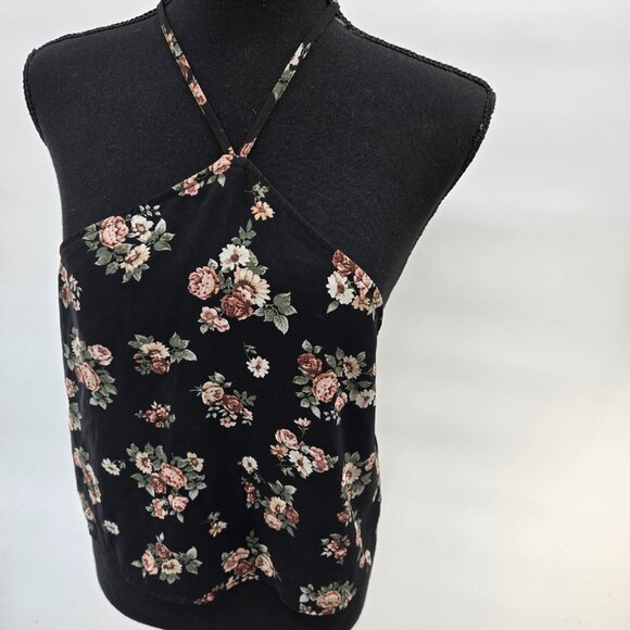 Forever 21 Black Floral Halter Crop Size Large - Picture 1 of 6